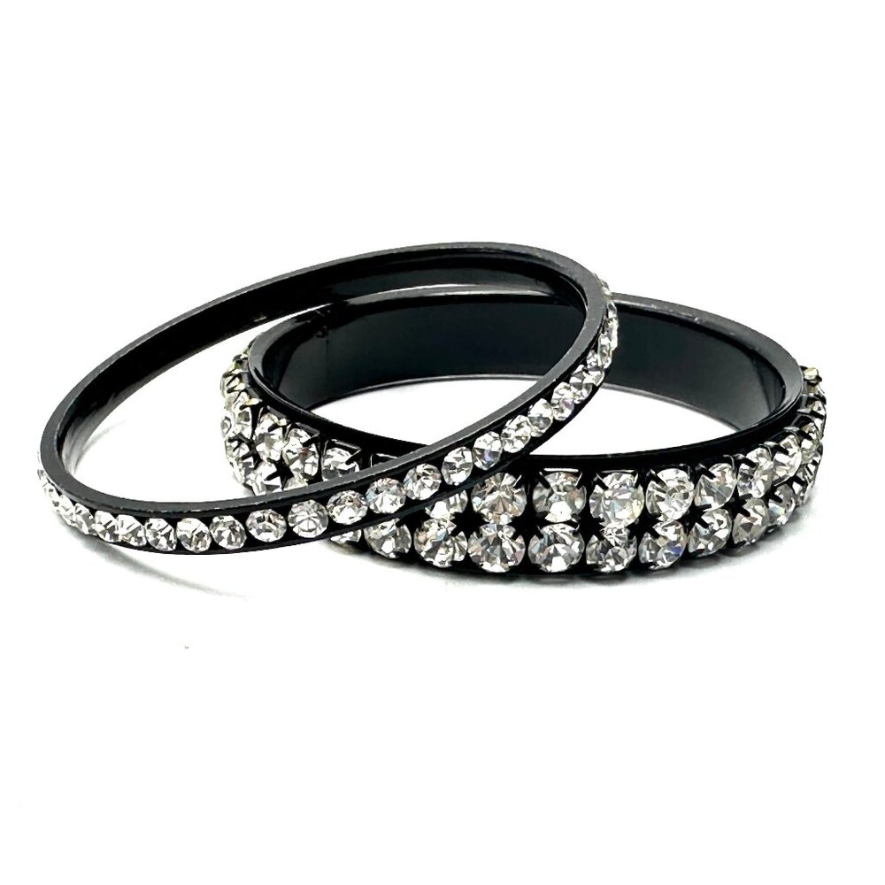 Clear Rhinestones on Gunmetal Bangle Set — 1980s Goth Rock Style — Size 8 — EUC